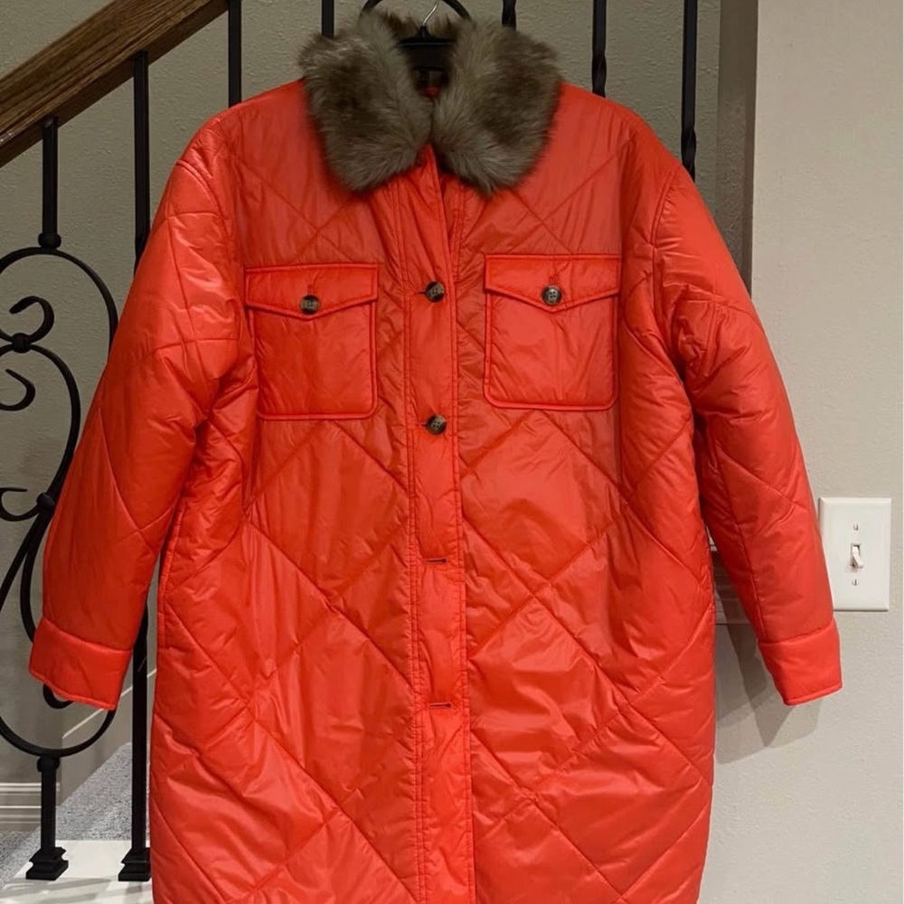 New Aerie Women's Quilted Orange Coat with Faux Fur Collar size s